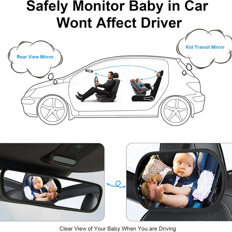 Baby Car Mirror, Safety Car Seat Mirror for Rear Facing Infant, Clear Wide View, 360°Rotation, Easily Observe the Baby Move, Secure, Shatterproof, Crash Tested and Certified (Black)