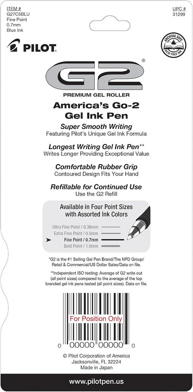 Pilot G2 Premium Gel Roller Pens, Fine Point 0.7 mm, Blue Ink Pens Fine Point, Pack of 5 - Ideal for School, Journaling, and Office Writing