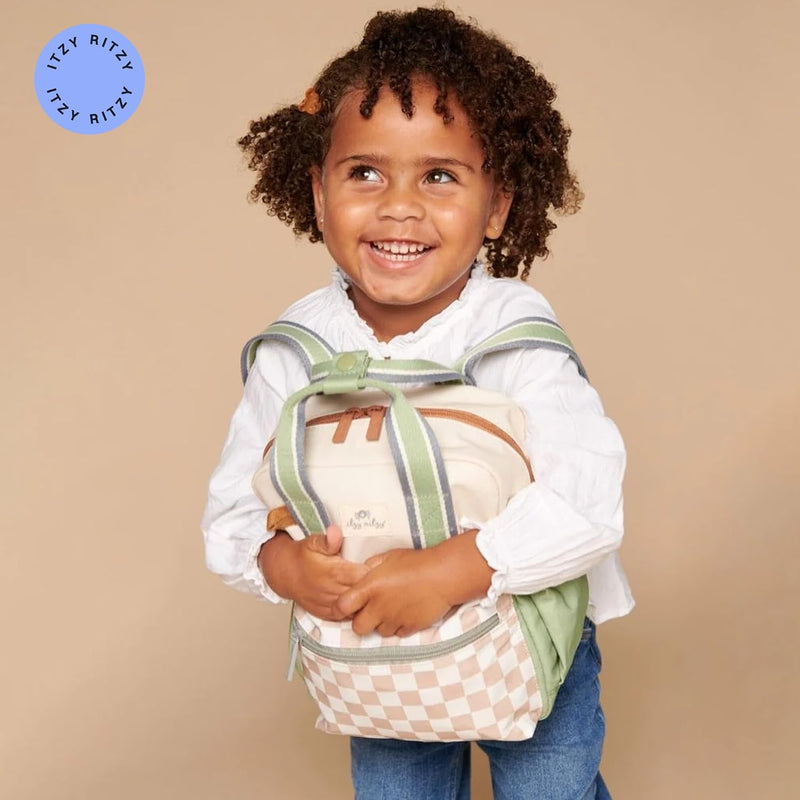 Itzy Ritzy Toddler Backpack, Daycare Bag w/Spacious Interior, Checkerboard | Adjustable Straps, Wipeable Lining, 2 Side Pockets, Front Zipper, & Name Label - Keeps Essentials Organized for Daily Travel