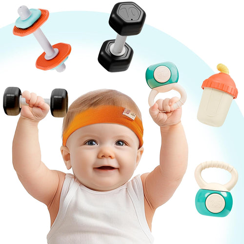 iPlay, iLearn 4PCS Baby Gym Rattle Toys, Newborn Shower Gifts 3-6-9 Months | Infant Sensory Teething Rattles, Babies Weight Set w/Dumbbell, Toddler Carseat Toy, First Birthday Gifts 4 5 7 8 10 12 Month