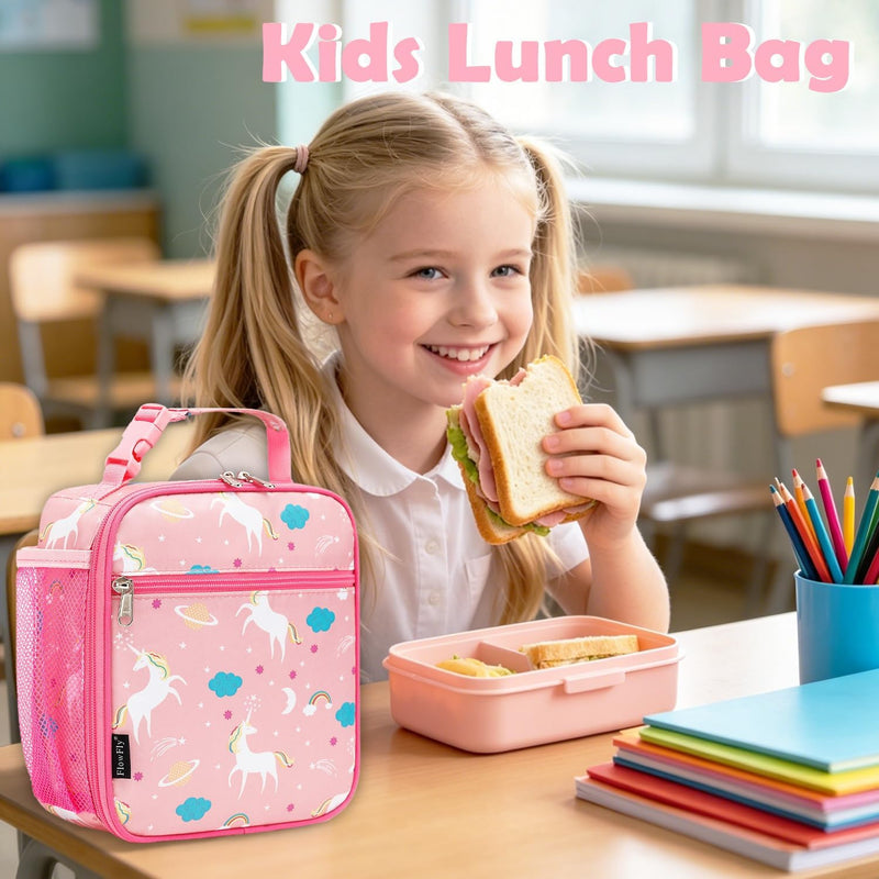FlowFly Kids Lunch box Insulated Soft Bag Mini Cooler Back to School Thermal Meal Tote Kit for Girls, Boys, Unicorn