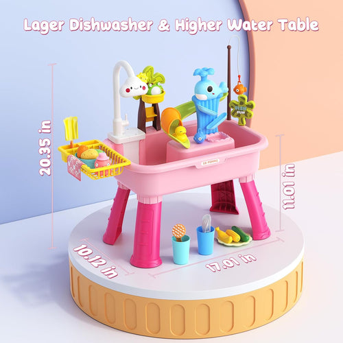 2026 Upgraded Water Table for Toddlers 1-3 - Outdoor Toys for Kids Ages 4-8 with Pump, Summer Outside Sensory Activity Pool Toys, Kitchen Play Sink Toy with Running Water, Fishing Toy, Pink