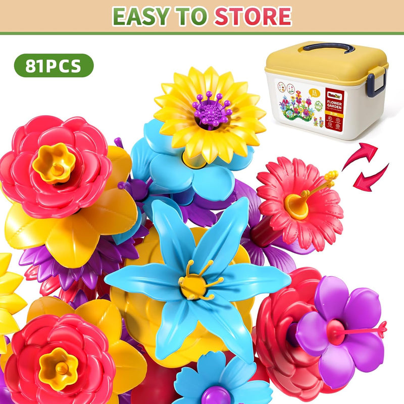 81-Piece Flower Garden Building Toys Set for Girls Ages 3-6, Building Educational Stem Toys with Storage Box