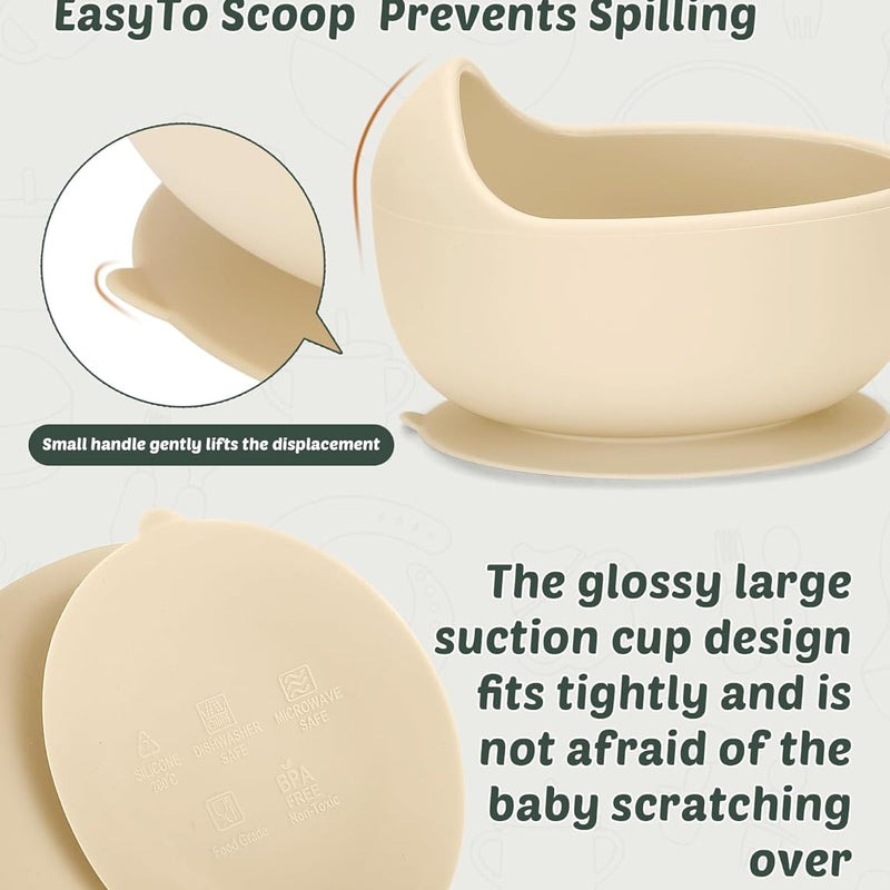 24 PCS Silicone Baby Feeding Set, Baby Led Weaning Supplies Includes Suction Bowls and Divided Plates, Adjustable Silicone Bib, Spoons&forks, Training cup with straw (Green+Brown+Beige)