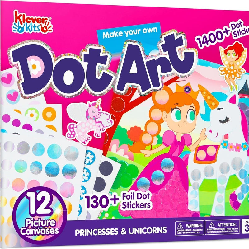 Klever Kits Dot Art Kit for Kids, No Mess Sticker for Kids 3-7, Craft Kits, DIY Creative Activity, Travel Toy, Birthday Presents for Boys Girls (Unicorns & Princess)