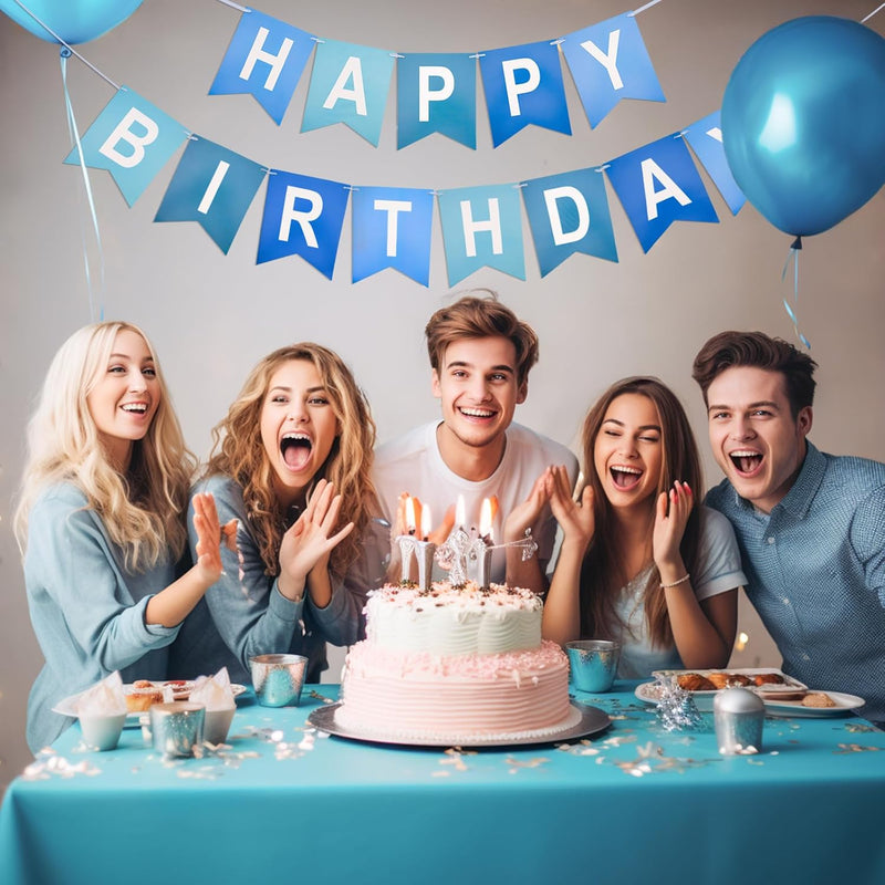 Blue Happy Birthday Banner Pre-Strung Party Decoration for Women Men Girls Boys - 13 Paper Banners with String