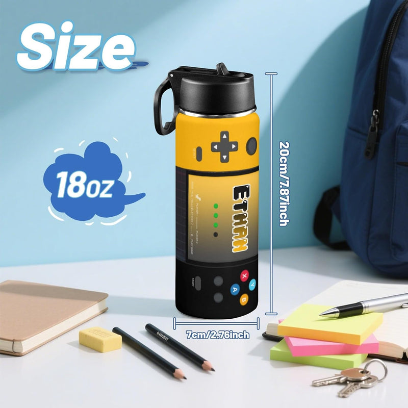 Personalized Game Water Bottle for Boys, 18oz | Customized Kids Insulated Bottle with Name for Kids for School, Stainless Steel Thermo with Straw