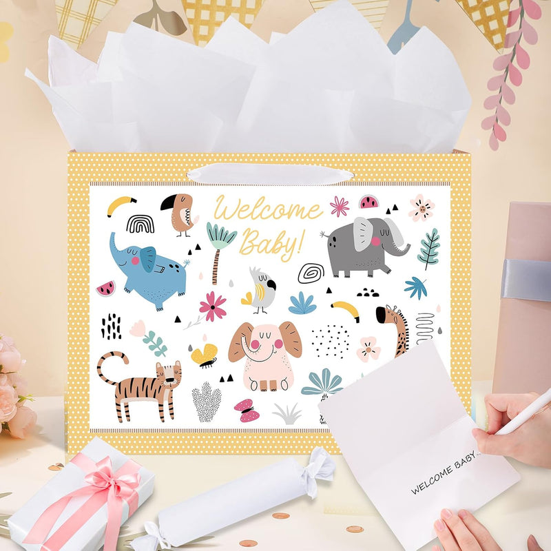 woric 14.5" Baby Gift Bag for Baby Shower Boys Girls Birthday Party | Include Tissue Paper and Greeting Cards, Ribbon Handles, Cute Animals Design, for Baby Shower and Birthday Gifts