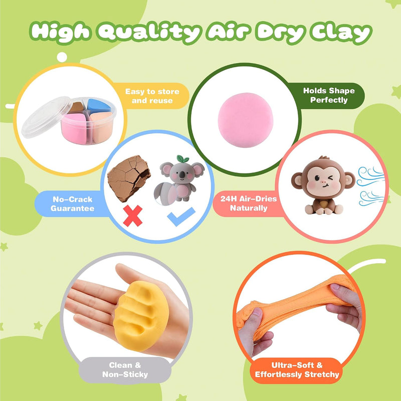 Nicella Air Dry Clay Kit, 12 Animals Modeling Clay for Kids, Model Magic Clay with Sculpting Tools and Tutorials, Safe & Non-Toxic, DIY Arts & Crafts School Projects, Home Party Favors for Boys Girls