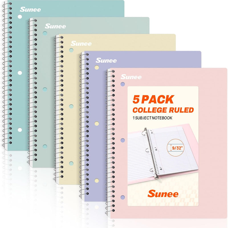 SUNEE Spiral Notebooks, 1-Subject, 5 Pack, College Ruled Paper, 8" x 10-1/2", 70 Sheets per Notebook,3-Hole Punched Paper, Pink,Purple, Blue, Green, Yellow Spiral Lined Notebooks for School,Work