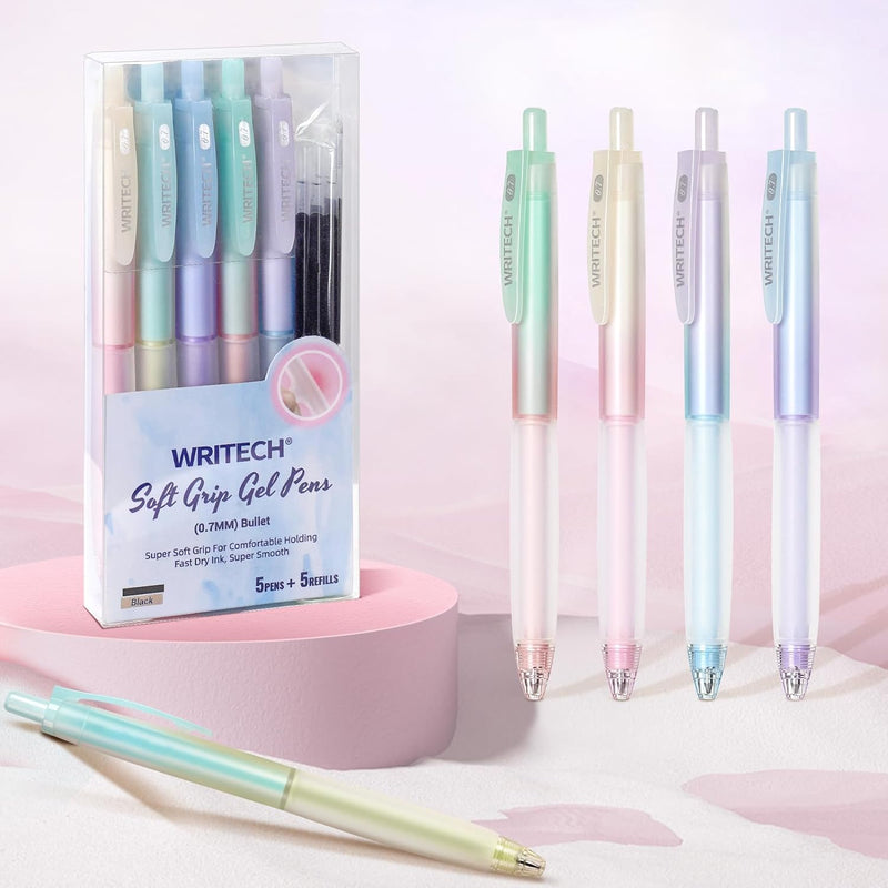 WRITECH Retractable Gel Ink Pens: 0.7mm Fine Point Black-Ink Aesthetic Gradient Color Barrel Soft Grip Medium Point Pen 5ct with 5 Refills for Journaling Smooth Writing Quick-dry No Bleed