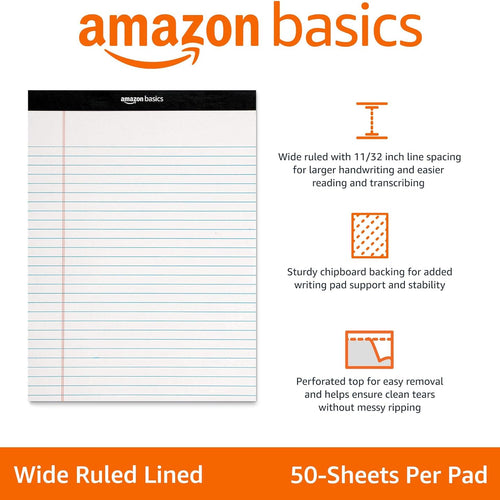Amazon Basics Wide Ruled Lined Writing Note Pads for Office Supplies, 8.5" x 11.75", White, 12-Pack of 50 Perforated Sheets