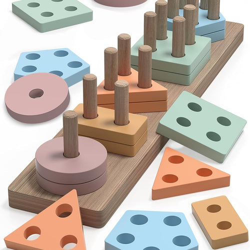 kecristv Montessori Toys for 1-3 Year Olds, Shape Sorter Wooden Toys for Toddlers, Learning Educational Sensory Stacking Toy