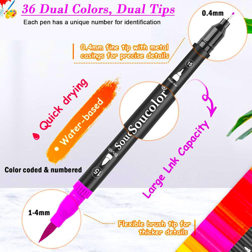 Soucolor 36 Dual Tip Brush Markers, Water-Based Art Pens, Adult Coloring | 36 Color Dual Tip Markers with Brush & Fine Point for Adult Coloring Books, Hand Lettering, Journaling & Art Projects