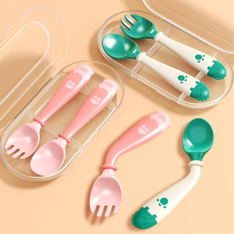 Deejoy Toddler Utensils Self-feeding Flatware Set withTravel Case-Green | Baby Spoons and Forks with Silicone Bendable Handle, Easy Grip Heat-Resistant, Ideal for Kids, Stage 2