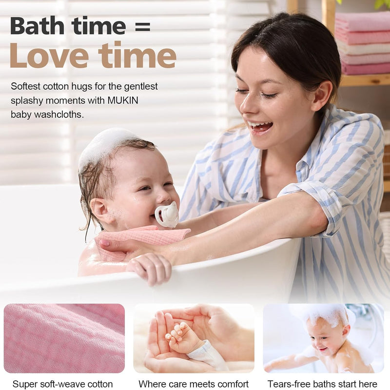 Baby Washcloths,Muslin Burp Cloths Towels for Newborns,Absorbent Cotton Bath Face Towel ，5 Pack, 12x12 Inches (Rosy Embrace)
