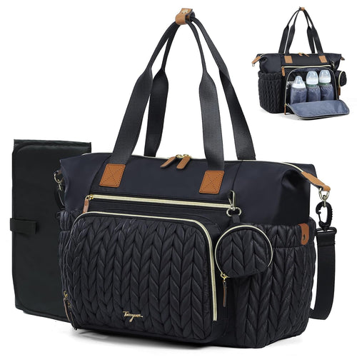 Diaper Bag Tote, Large Baby Hospital Bag for Labor Delivery Mom | Travel Diaper Tote with Changing Pad, Pacifier Case, Insulated Pockets, Luggage Sleeve, Shoulder Strap, Quilted Black