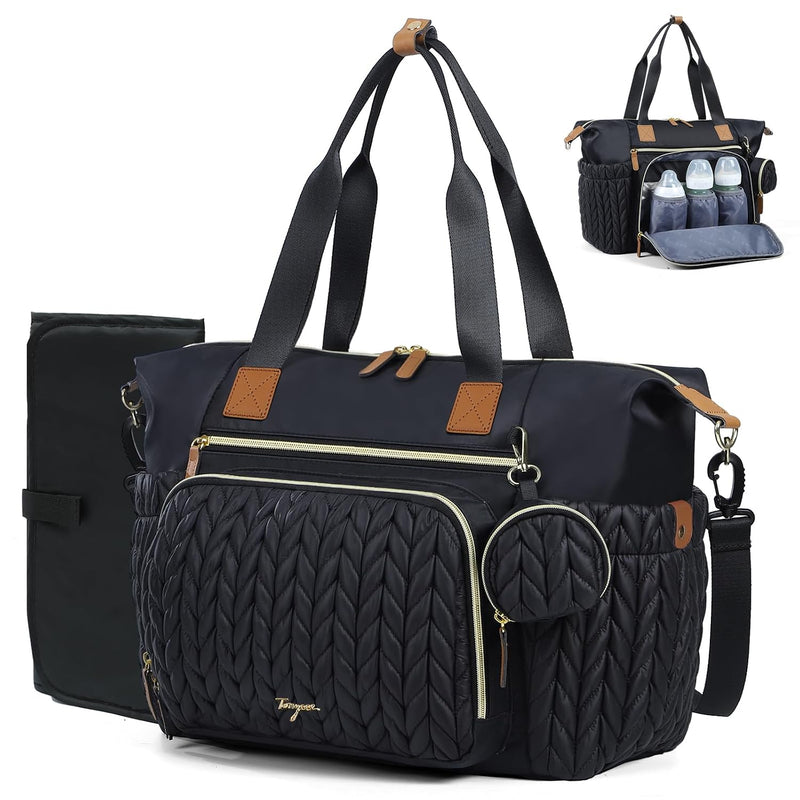 Diaper Bag Tote, Large Baby Hospital Bag for Labor Delivery Mom | Travel Diaper Tote with Changing Pad, Pacifier Case, Insulated Pockets, Luggage Sleeve, Shoulder Strap, Quilted Black