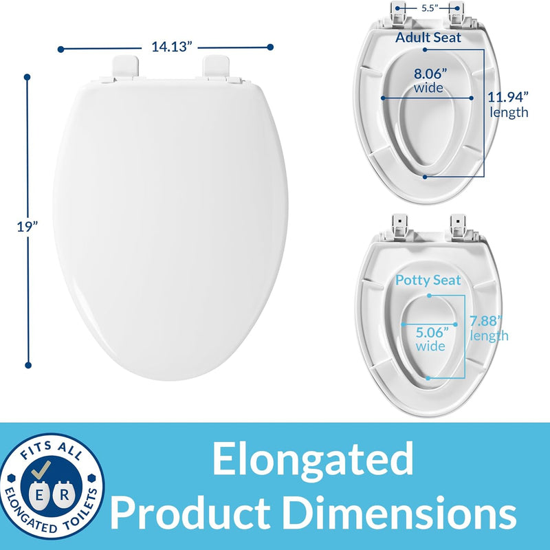 Little2Big Toilet Seat with Built-In Toddler Potty Training Seat, Slow Close, Easy to Install, Made in USA, ELONGATED, White