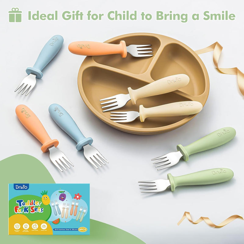 8 Pcs Toddler Forks Set Baby Forks with Silicone Handle | Kids Utensils Anti-Choke Design for Children's Safe Self-Feeding, Food-Grade Stainless Steel, Dishwasher Safe, BPA-Free