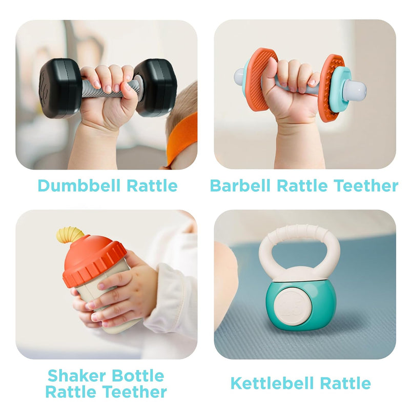 iPlay, iLearn 4PCS Baby Gym Rattle Toys, Newborn Shower Gifts 3-6-9 Months | Infant Sensory Teething Rattles, Babies Weight Set w/Dumbbell, Toddler Carseat Toy, First Birthday Gifts 4 5 7 8 10 12 Month