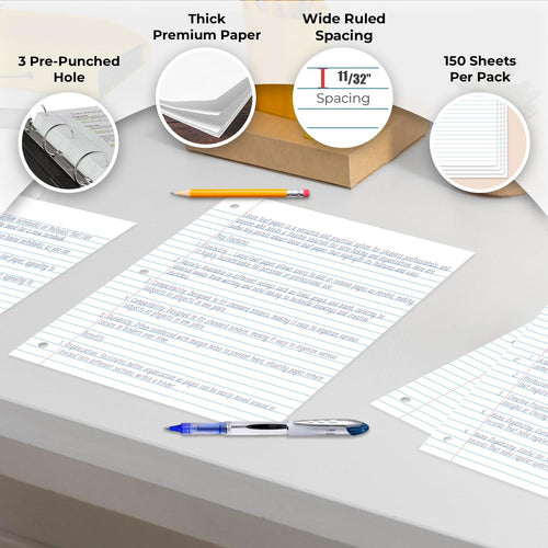 Rosmonde Loose Leaf Paper, 900 Sheets, 6 Pack, Wide Ruled, 8" x 10.5", Bulk Office Filler Sheets, 3 Hole Punched, 150 Sheets/Pack, Wide Ruled for 3 Ring Binder, Filler Notebook Paper, White