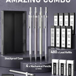 Four Candies 4PCS Metal Mechanical Pencil Set with 0.7mm Medium Point, 480 Leads, 12 Erasers, Fancy Mechanical Pencils Pack with Case for School Writing, Art Drawing & Drafting
