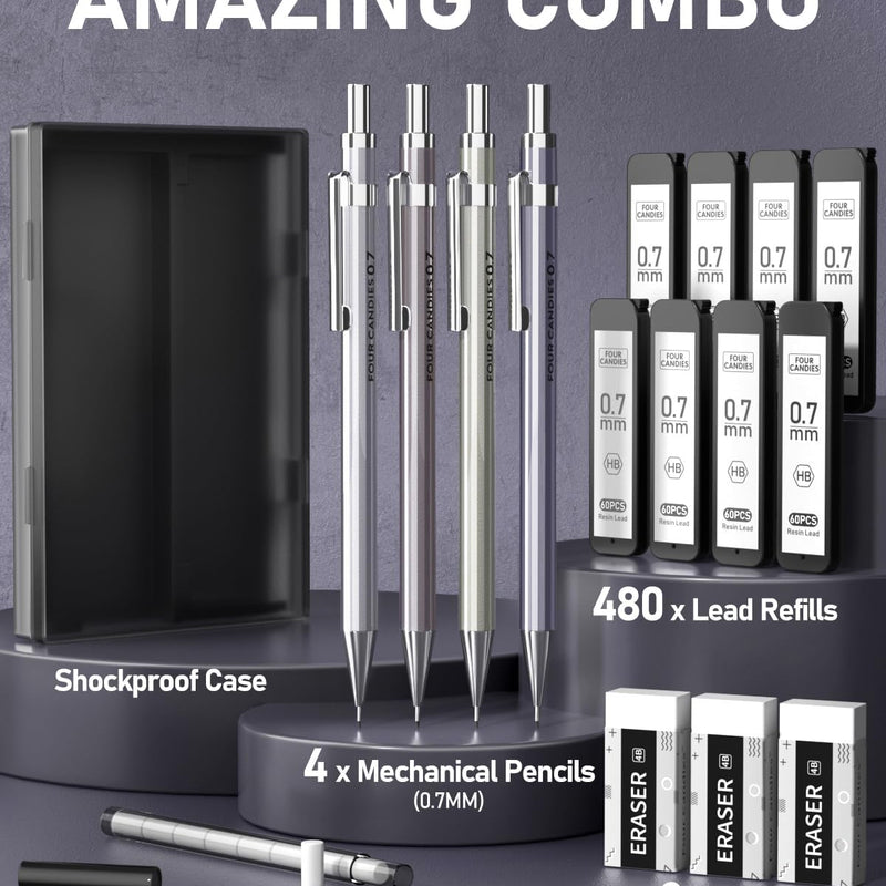 Four Candies 4PCS Metal Mechanical Pencil Set with 0.7mm Medium Point, 480 Leads, 12 Erasers, Fancy Mechanical Pencils Pack with Case for School Writing, Art Drawing & Drafting