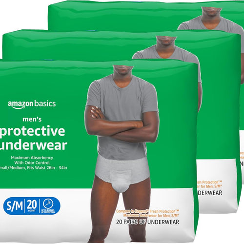 Amazon Basics Maximum Absorbency Incontinence Underwear for Men with Leak Protection and Odor Control, Disposable, Small/Medium, 60 Count (3 Packs of 20)