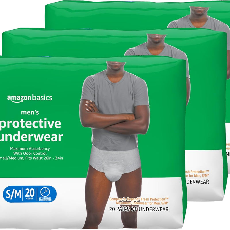 Amazon Basics Maximum Absorbency Incontinence Underwear for Men with Leak Protection and Odor Control, Disposable, Small/Medium, 60 Count (3 Packs of 20)