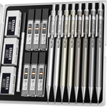 Nicpro 4 Pack Mechanical Pencil 0.7mm with Case, MB1000 Metal Mechanical Pencil Set with 6 Tube HB #2 Lead Refill 0.7 mm, 3PCS 4B Eraser, 9 Cap Eraser for Artist Drafting Writing, Sketching, Drawing