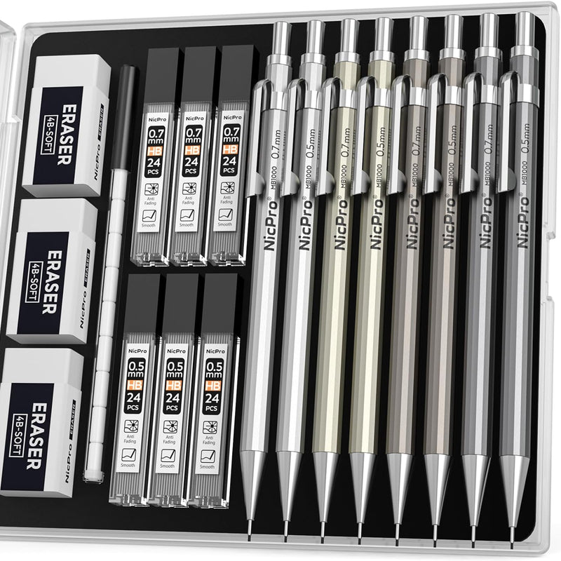 Nicpro 4 Pack Mechanical Pencil 0.7mm with Case, MB1000 Metal Mechanical Pencil Set with 6 Tube HB #2 Lead Refill 0.7 mm, 3PCS 4B Eraser, 9 Cap Eraser for Artist Drafting Writing, Sketching, Drawing