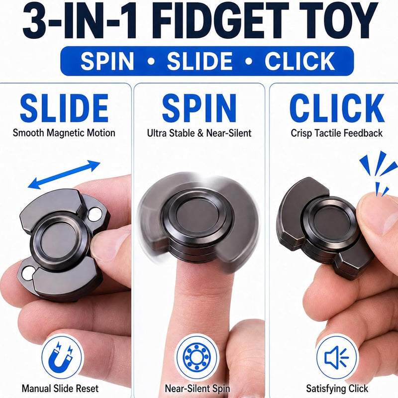 3-in-1 Fidget Spinner, Slider, Clicker| EDC Metal Fidget Toys Adults | Stainless Steel Bearing Stable Spin | Help Relieves Anxiety & Tension | Enhances Focus & Clarity | Compact & Portable, Black