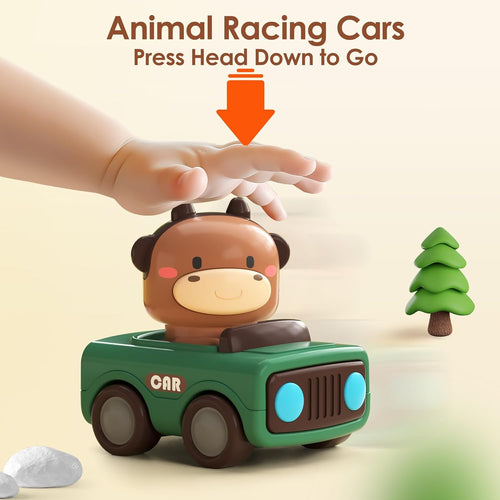 iPlay Press to Go Car Toys for Toddlers 1-3 Years, Baby Animal Racing Cars, High-Quality ABS Materials, No Small Parts
