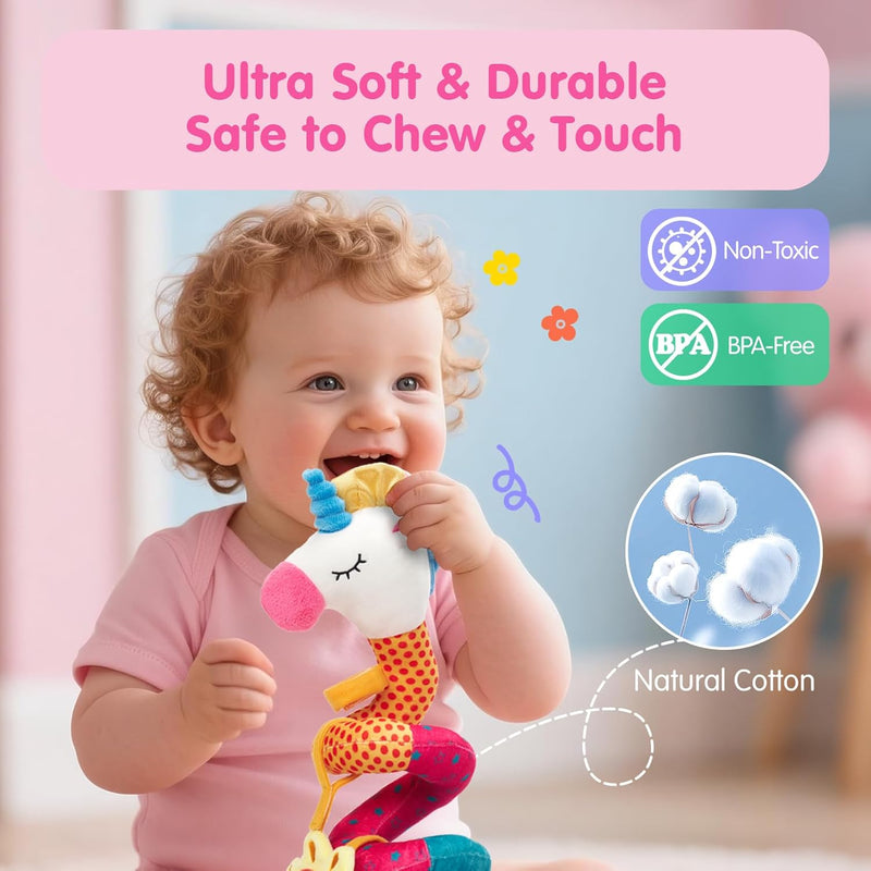 hahaland Car Seat Toys for Babies 0-6 Months Girl Stroller Toy Unicorn | Baby Toys 0-6 6-12 Months - Rattle, Mirror, Crinkle, Squeaky Carseat Toy Hanging Developmental Newborn Baby Birthday Gifts