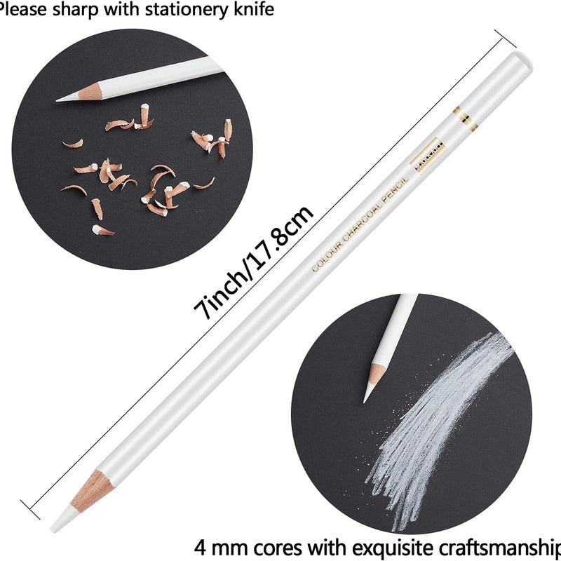 MARKART Professional White Charcoal Pencils Set, 5 Pieces Sketch Highlight Charcoal Pencils for Drawing, Sketching, Shading, Blending, White Chalk Pencils for Beginners & Artists