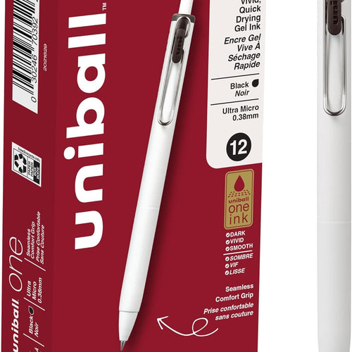 Uniball One Gel Pen 12 Pack; 0.38mm Ultra Micro Black Pens; Gel Ink Pens | Office Supplies Sold by Uniball are Pens; Ballpoint Pen; Colored Pens; Gel Pens; Fine Point; Smooth Writing Pens