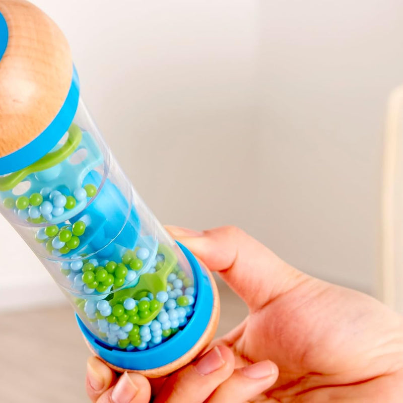 Hape Beaded Raindrops | Mini Wooden Musical Shake & Rattle Rainmaker Toy, Blue, Model Number: E0328B