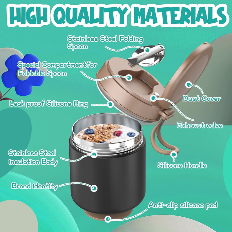 Thermo for Hot Food Kids - 15.2oz, Leak Proof Insulated Food Jar, Soup Thermo, Insulated Lunch Containers, Termos Para Comida Caliente, Wide Mouth Lunch Box with Folding Spoon and Handle