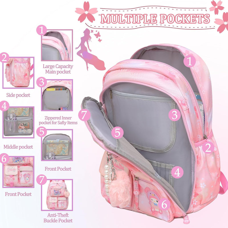 Lovely Girls Backpack School Bag for Students Kids Book Bag with Multiple Pockets Splash-proof Children's Backpack（17inch Pink）