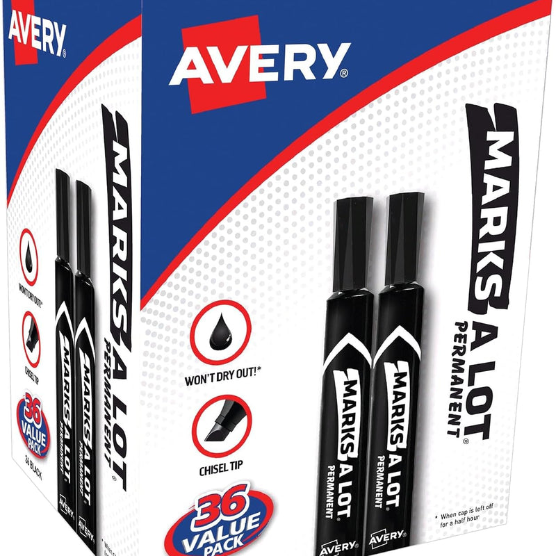 Avery Marks-A-Lot Large Desk-Style Chisel Tip, Value Pack 36 Black Permanent Markers are perfect for signs and posters (98206)