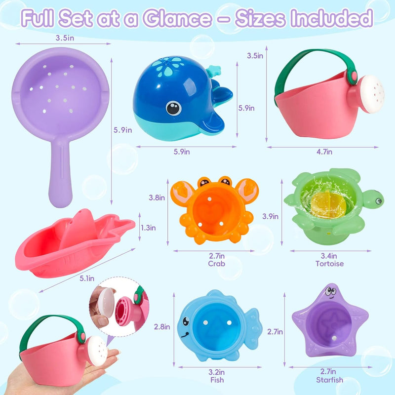 Mold-Free Bath Toys, 11-Piece Set | Safe, Easy-Clean & Fun Floating Boats, Spoon, Watering Can & Whale for Babies 12+ Months