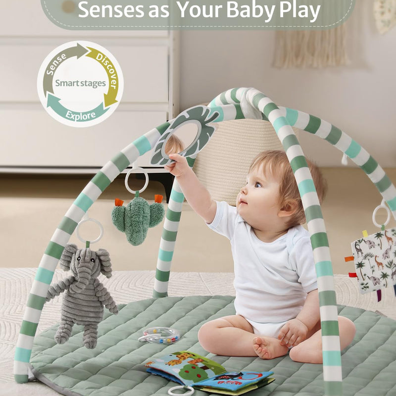 Blissful Diary Sage Green Baby Play Gym Mat with 6 Detachable Toys for Sensory & Motor Skill Development