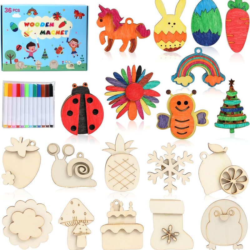 DIY Wooden Magnet 36 Art Craft Supplies Painting Kit for Kids Ages 4-8 8-12 | Party Favors for Boys Girls Birthday Easter Crafts Gifts Toys Basket Goodie Bag Stuffers