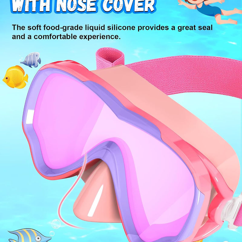Kids Swim Goggles with Fabric Strap for Kids 3-15, Leak Proof Swimming Goggles Nose Cover 180° Clear View