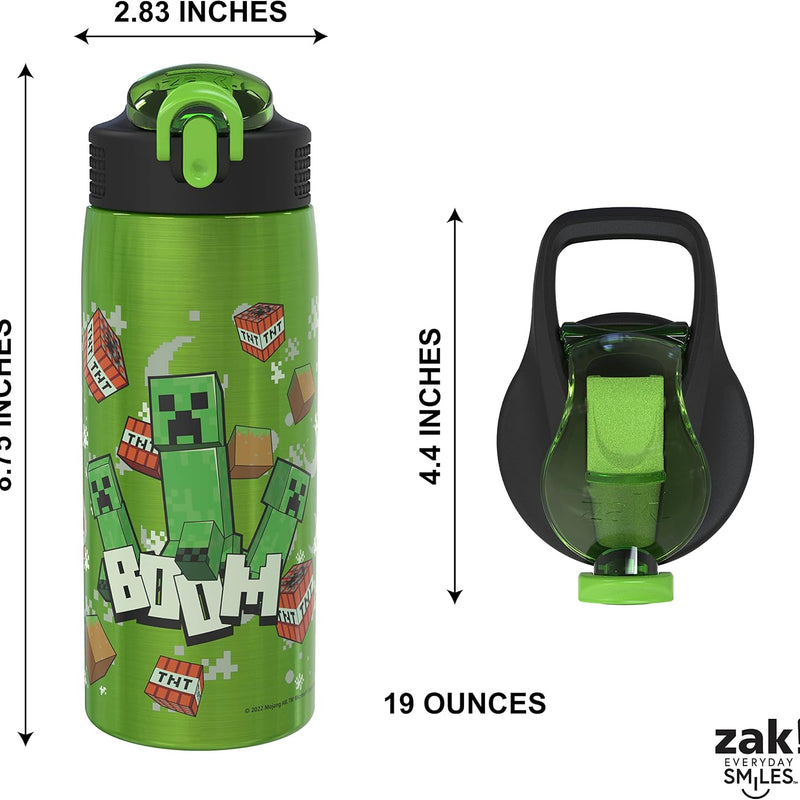 Zak Designs Minecraft Water Bottle for Travel and At Home, 19 oz Vacuum Insulated Stainless Steel with Locking Spout Cover, Built-In Carrying Loop, Leak-Proof Design (Creeper)