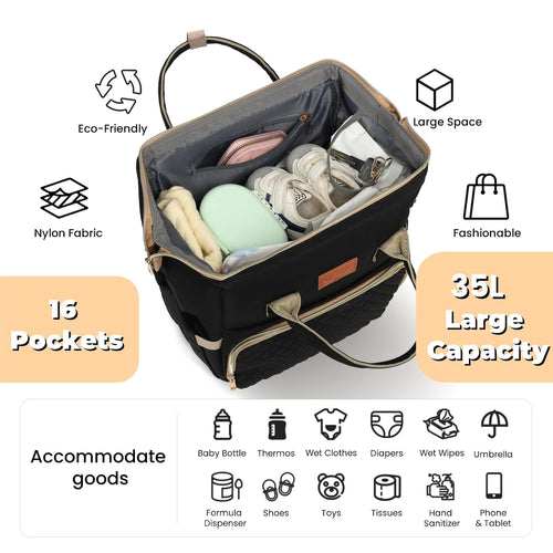 ROSEGIN Diaper Bag Backpack with Changing Pad Pacifier Case, Baby Bag for Boy Girl Toddler - Large,Stylish, Waterproof Travel Quilted Diaper Bag for Mom - Baby Shower Gifts, Black