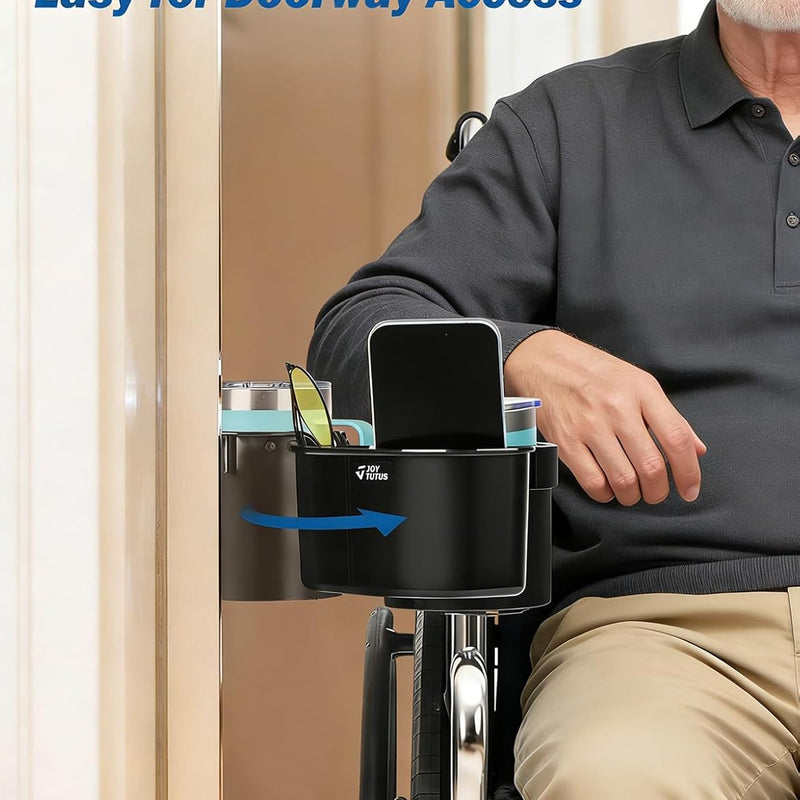 JOYTUTUS Wheelchair Cup Holder, 2-in-1 Walker Cup Holder with 6.4'' Large Storage Box, Drink Holder for Bottle with Handle, Fit for Wheelchair, Walker, Rollator, Stroller, Camper, Golf cart (Large)