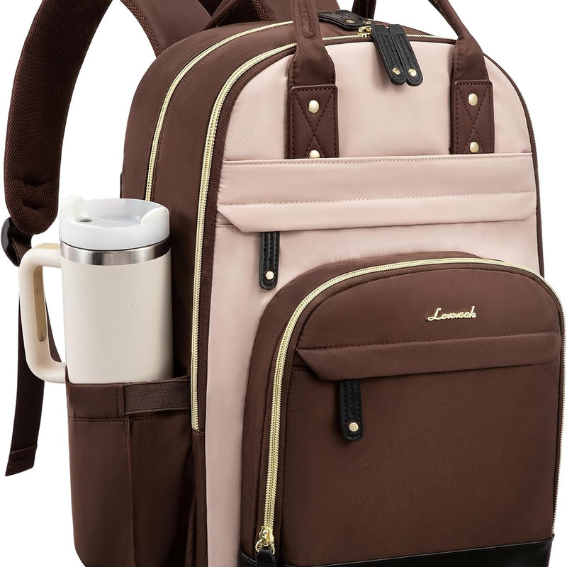 LOVEVOOK Laptop Backpack Women with Giant Tumbler Holder,15.6 inch Waterproof Work Travel Backpack Computer Laptop Bag,Cute College Nurse Teacher Backpack Purse,Gifts for Women & Men,Beige-Black-Brown