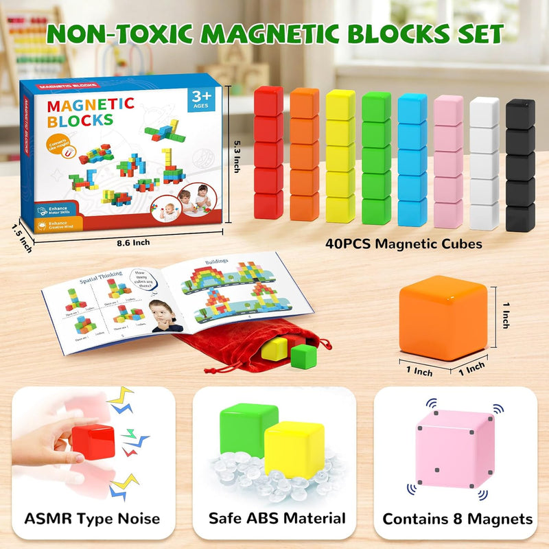 Hiwawind 40pcs Magnetic Blocks -Ideal Gifts for 3 4 5 6 Year Old,STEM Learning Toys for 3-5 Year Old Boys & Girls, Safe & Strong Building Blocks with ASMR Sounds,Classroom Must Haves